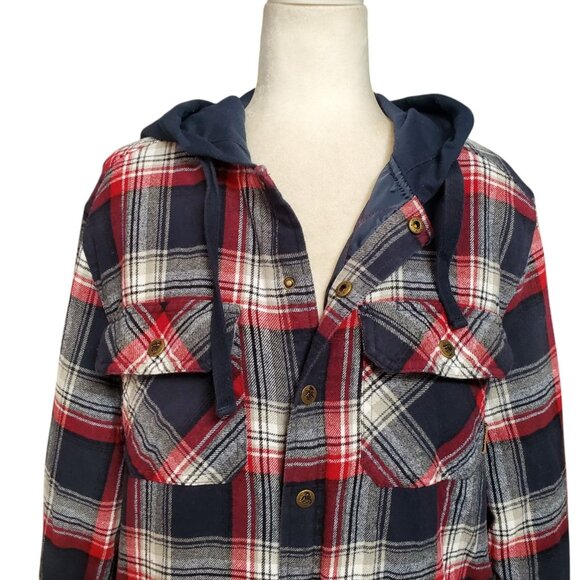 Legendary Outfitters Flannel Shirt Jacket Mens Size Small Red Plaid Print Hooded - Picture 2 of 12